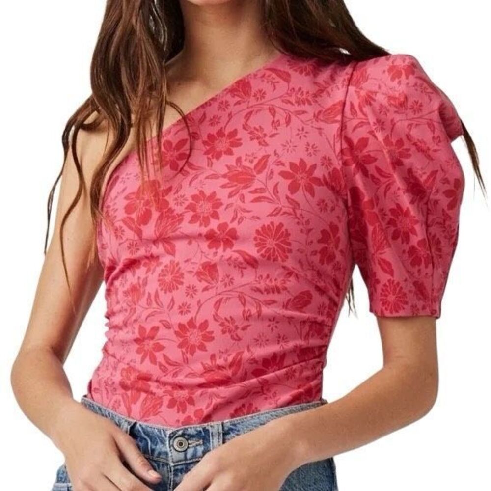 FREE PEOPLE Pink One Shoulder Floral Print Bodysuit size M